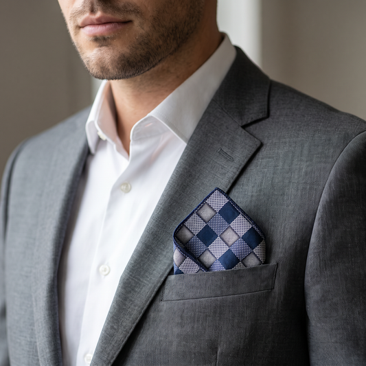 Navy & Silver Check Pocket Square